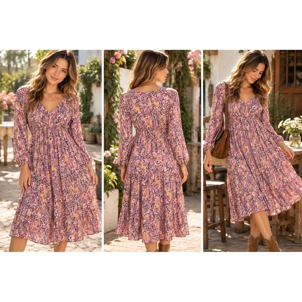 Sahalie Womens Purple Paisley Cotton Modal V-Neck Empire Waist Midi Dress Size M